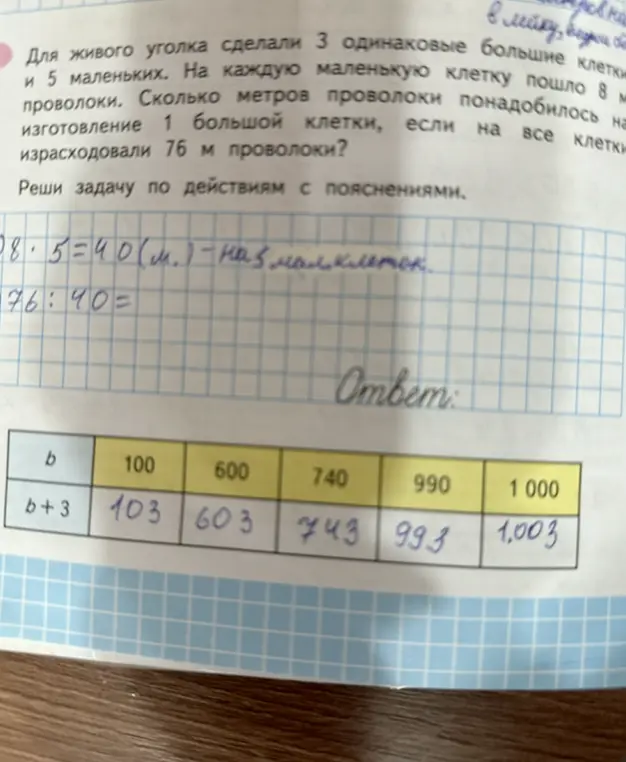Реши задачу: для живого уголка сделали 3 одинаковые большие клетки и 5 маленьких. На каждую маленькую клетку пошло 8 м проволоки. Сколько метров проволоки понадобилось на изготовление 1 большой клетки, если на все клетки израсходовали 76 м проволоки?