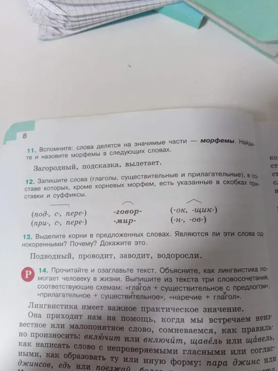 Выполни задание: назови морфемы в словах "Загородный", "Подсказка", "Вылетает"