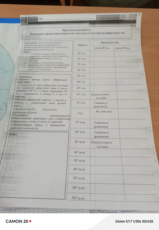 Помоги заполнить таблицу о природных зонах на разных широтах.