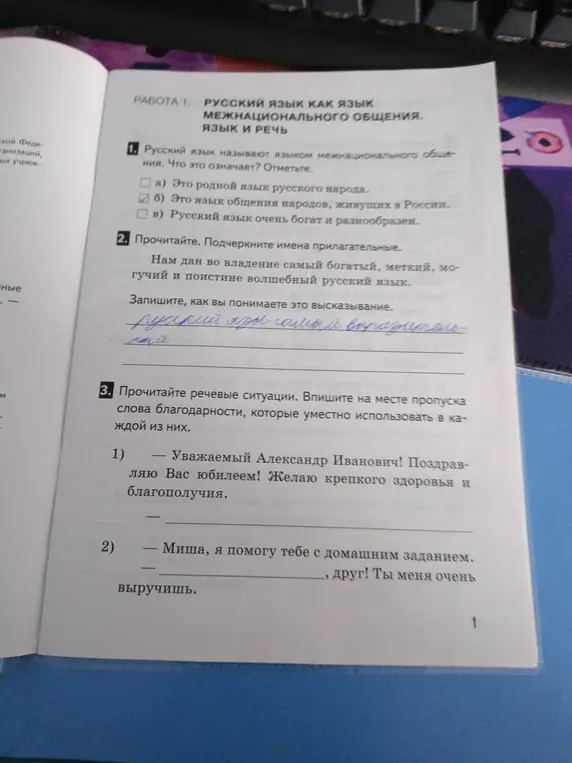 Выполни упражнения по русскому языку. В первом задании отметь, что означает, что русский язык называют языком межнационального общения.