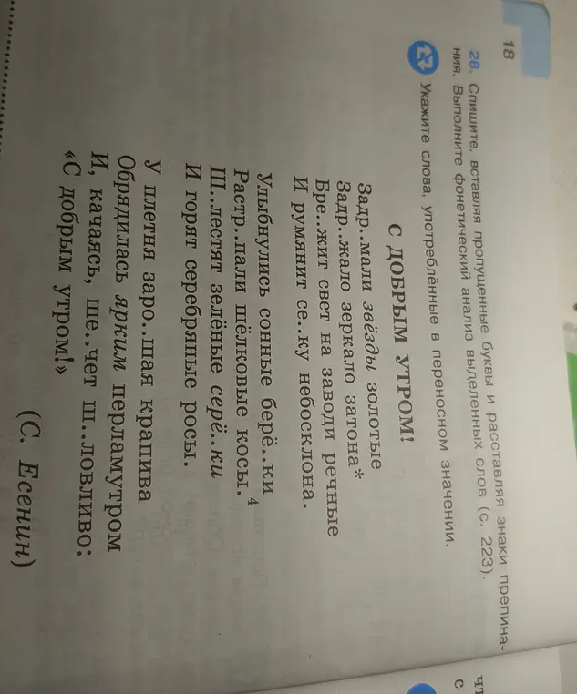 Спиши текст, вставляя пропущенные буквы, расставляя знаки препинания, и укажи слова, употреблённые в переносном значении.