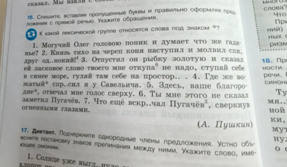 Помоги мне с упражнениями 16 и 17. В 16-м задании: спиши, вставляя пропущенные буквы и правильно оформляя предложения с прямой речью, укажи обращения. В 17-м задании: подчеркни однородные члены предложения.
