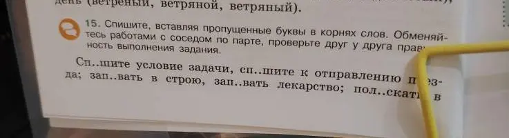 Спиши, вставляя пропущенные буквы в корнях слов: Сп..шите условие задачи