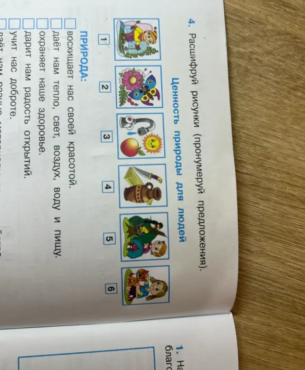 Расшифруй рисунки и пронумеруй предложения