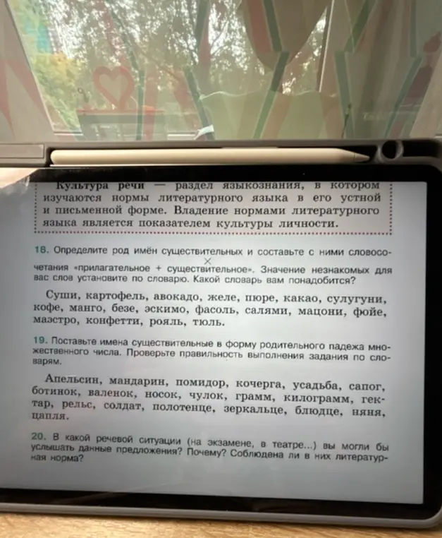 Ты просишь определить род имён существительных и составить с ними словосочетания «прилагательное + существительное», поставить имена существительные в форму родительного падежа множественного числа и сказать, в какой речевой ситуации можно услышать данные предложения.