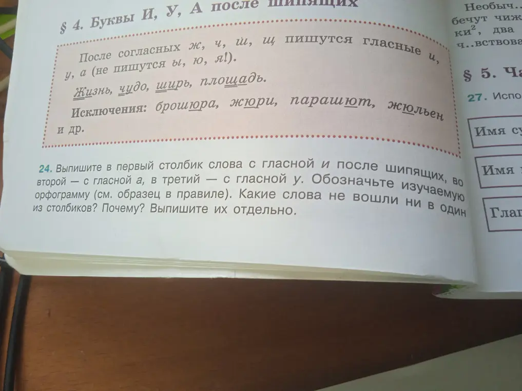 Выпиши в первый столбик слова с гласной и после шипящих