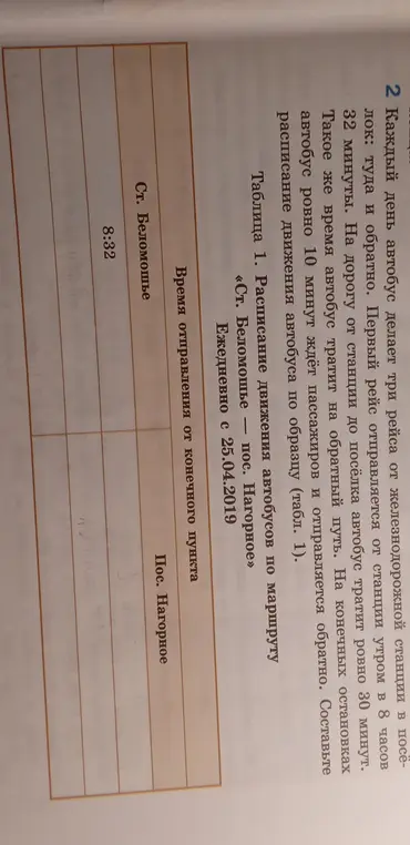 Составь расписание движения автобуса по образцу (табл. 1).