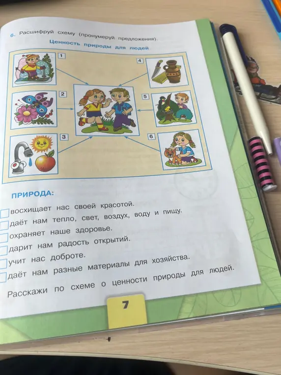 Помоги расшифровать схему и пронумеровать предложения о ценности природы для людей