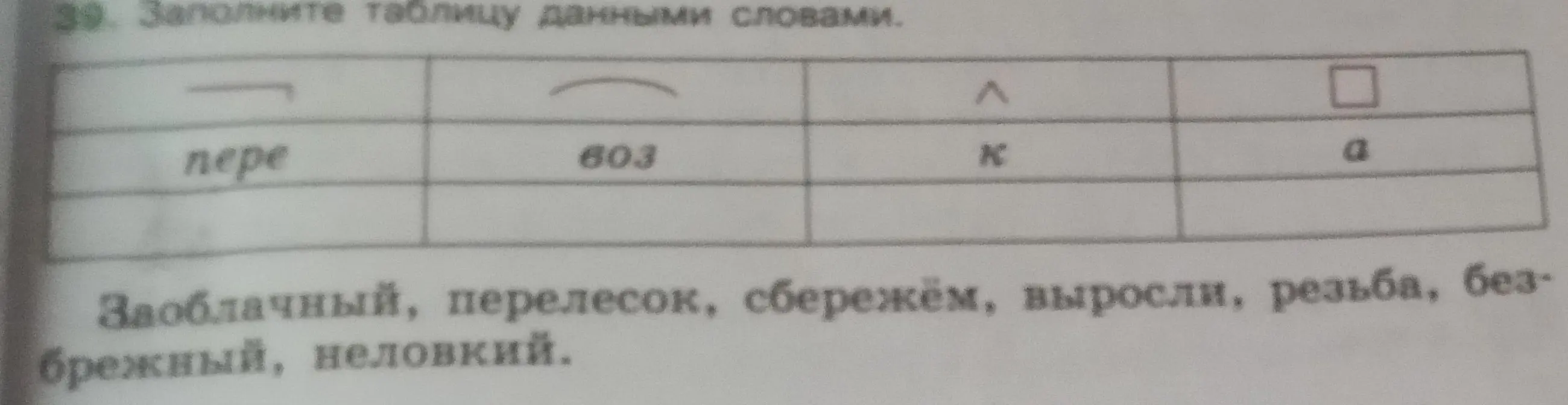 Помоги заполнить таблицу словами