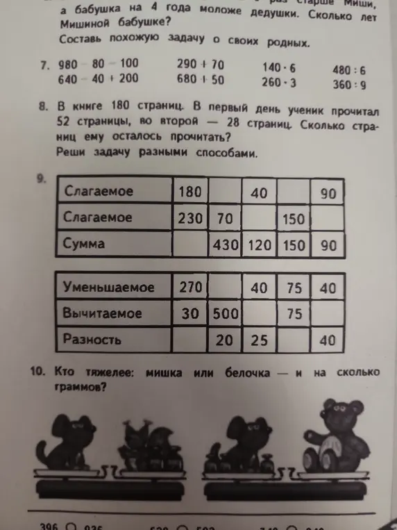 Выполни действия в задании №7, реши задачу №8, заполни таблицу в задании №9 и определи, кто тяжелее: мишка или белочка, и на сколько граммов