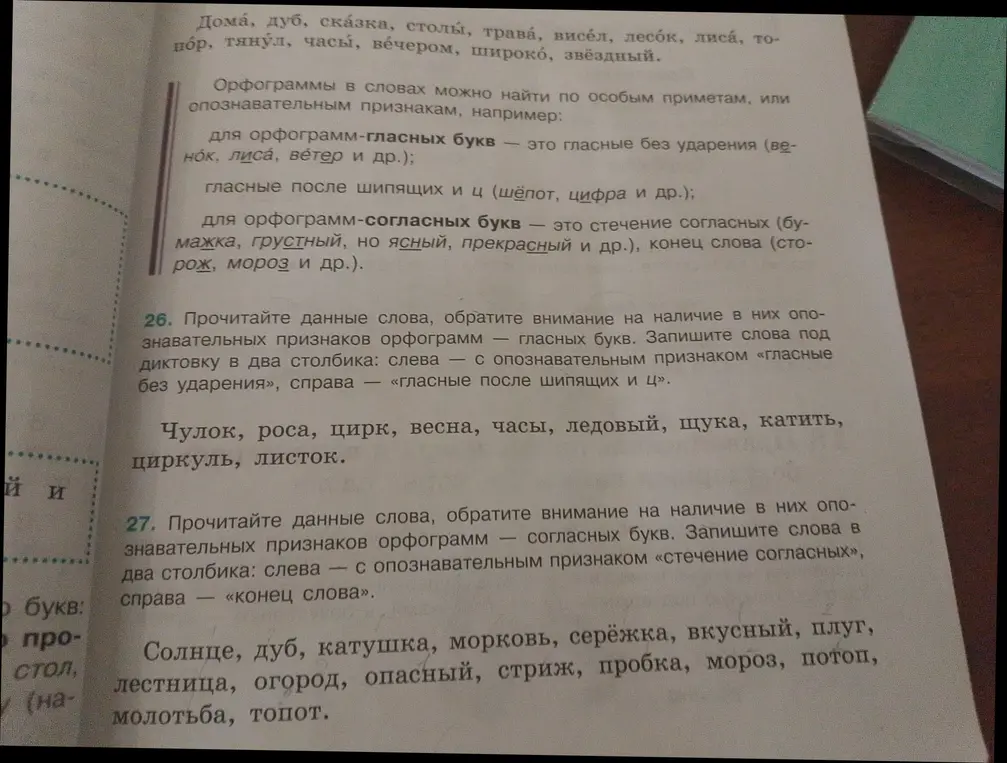 Объясни, как выполнить задания 26 и 27 на странице с упражнениями по русскому языку