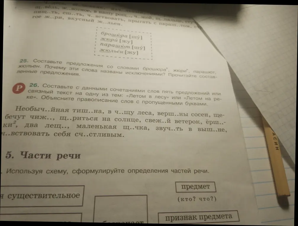 Составь предложения со словами брошюра, жюри, парашют, жюльен. Почему эти слова названы исключениями?