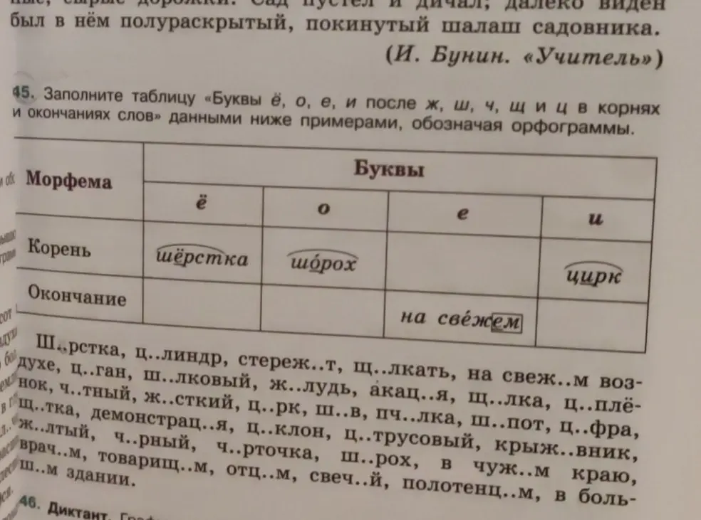 Помоги мне заполнить таблицу «Буквы ё, о, е, и после ж, ш, ч, щ и ц в корнях и окончаниях слов» данными ниже примерами.