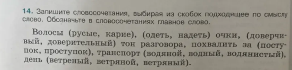 Помоги записать словосочетания, выбирая из скобок подходящее по смыслу слово и обозначить в словосочетаниях главное слово
