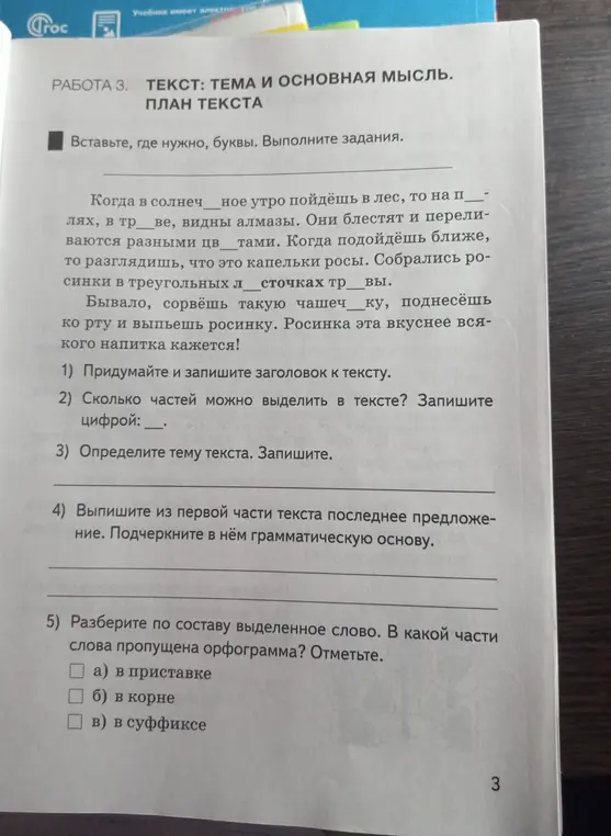Помоги мне вставить буквы в текст, придумать заголовок, определить тему и грамматическую основу