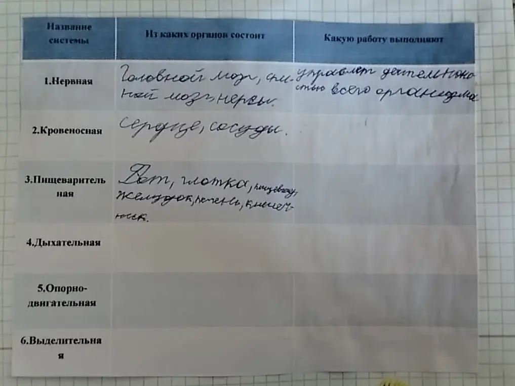 Заполни то, что не написано в таблице про системы органов