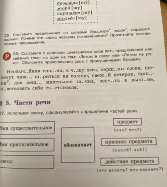 Объясни правописание слов с пропущенными буквами в упражнении 26 и сформулируй определения частей речи в упражнении 27, используя схему.