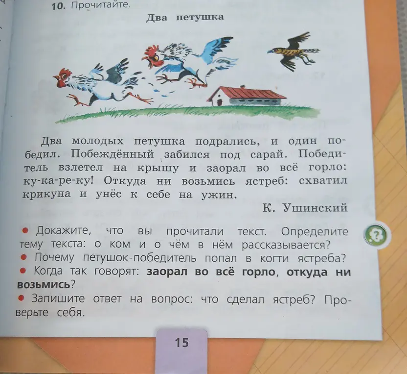 Объясни, как доказать, что я прочитал текст, определи тему текста, объясни, почему петушок-победитель попал в когти ястреба, что значит, когда говорят: заорал во всё горло, откуда ни возьмись? и что сделал ястреб?