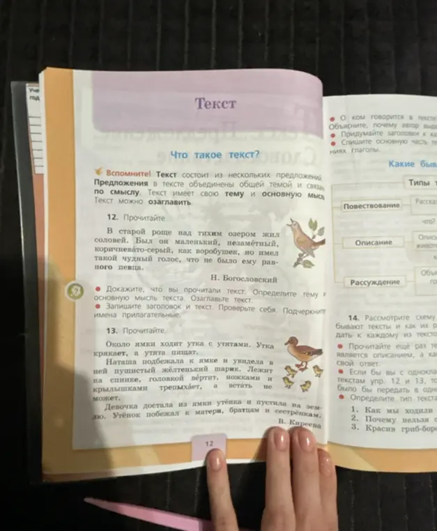 Прочитай тексты под номерами 12 и 13. Докажи, что ты прочитал текст. Определи тему и основную мысль текста. Озаглавь текст. Запиши заголовок и текст. Проверьте себя. Подчеркните имена прилагательные.