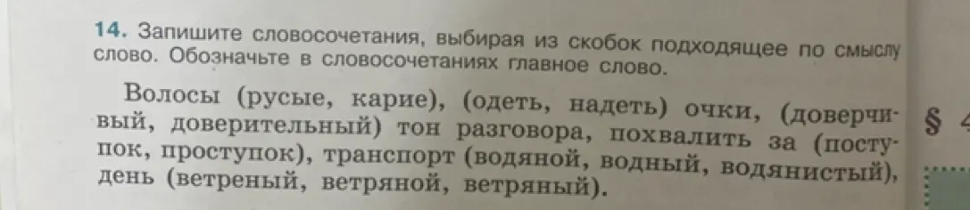 Выбери из скобок подходящее по смыслу слово и обозначь в словосочетаниях главное слово: волосы (русые, карие)