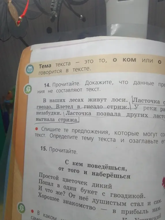 Объясни, как выполнить упражнение 14: докажи, что данные предложения не составляют текст; спиши предложения, которые могут составить текст; определи тему текста и озаглавь его.