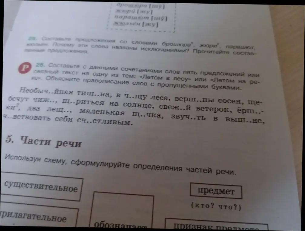 Ты просишь составить предложения со словами брошюра, жюри, парашют, жюльен и объяснить, почему эти слова названы исключениями.