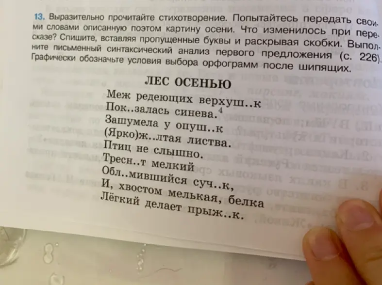 Выполни письменный синтаксический анализ первого предложения стихотворения (с. 226), вставляя пропущенные буквы и раскрывая скобки.