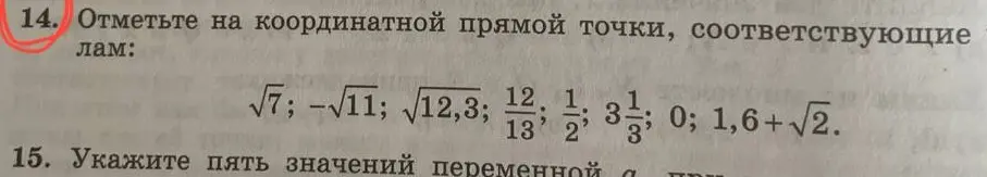 Объясни, как отметить на координатной прямой точки, соответствующие числам: √7; -√11; √12,3; 12/13; 1/2; 3 1/3; 0; 1,6+√2