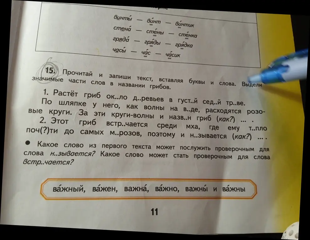 Ты просишь прочитать и записать текст, вставляя буквы и слова, и выделить значимые части слов в названии грибов.