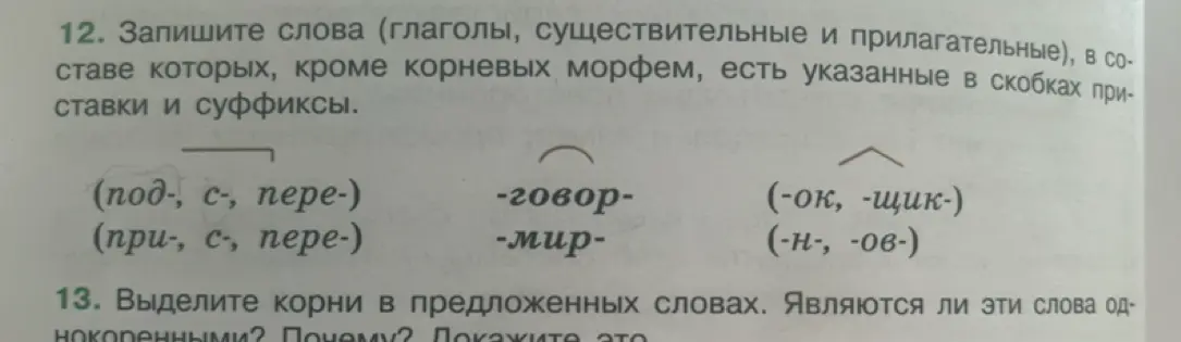 Запиши слова, в составе которых есть указанные приставки и суффиксы.