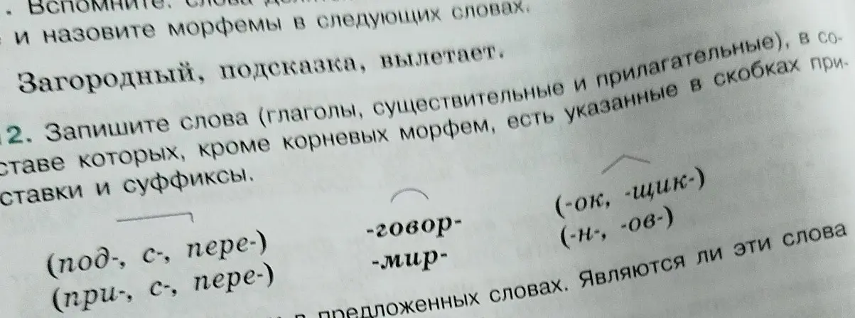 Помоги записать слова (глаголы, существительные и прилагательные), в составе которых, кроме корневых морфем, есть указанные в скобках приставки и суффиксы