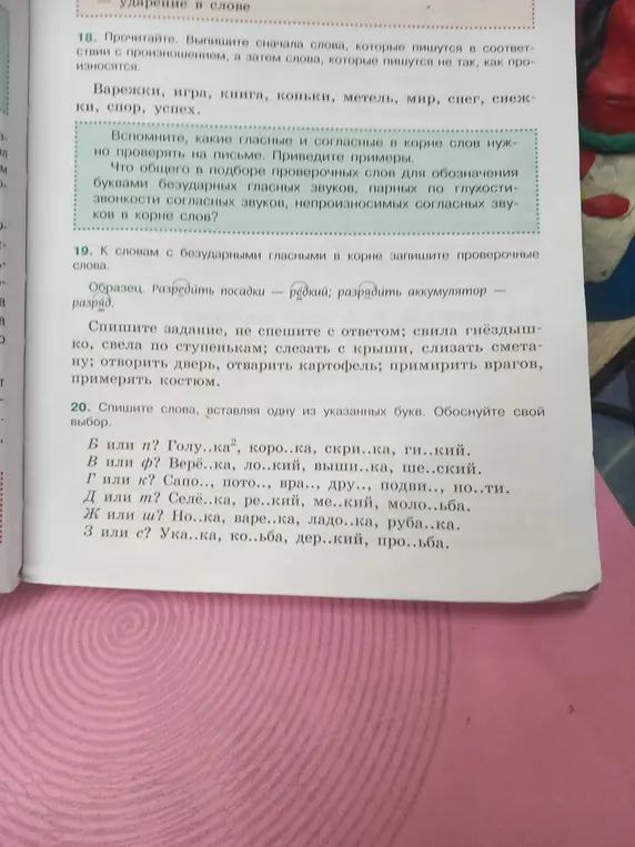 Выполни упражнения: 18 - выпиши слова, которые пишутся в соответствии с произношением, а затем слова, которые пишутся не так, как произносятся; 19 - к словам с безударными гласными в корне запиши проверочные слова; 20 - спиши слова, вставляя одну из указанных букв и обоснуй свой выбор