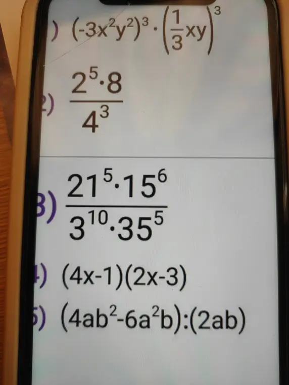 Реши примеры: (-3x²y²)³, (2⁵*8)/4³, (21⁵*15⁶)/(3¹⁰*35⁵), (4x-1)(2x-3), (4ab²-6a²b):(2ab)