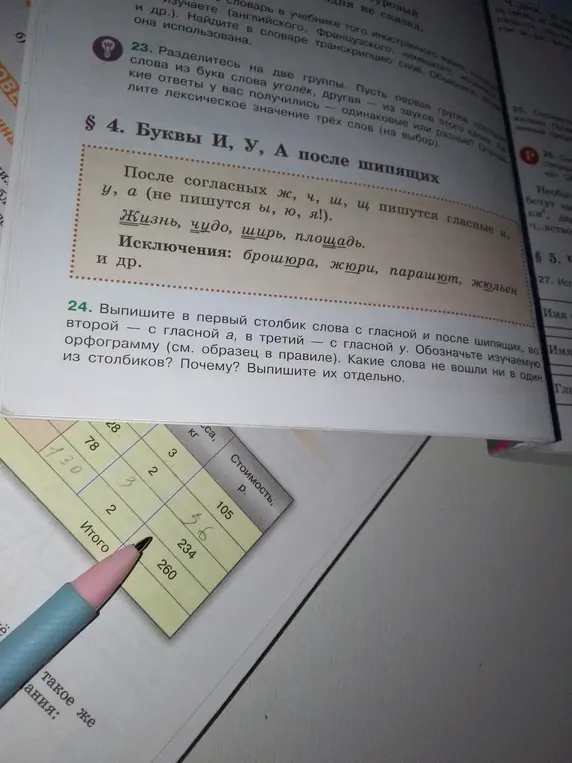 Выпиши в первый столбик слова с гласной и после шипящих