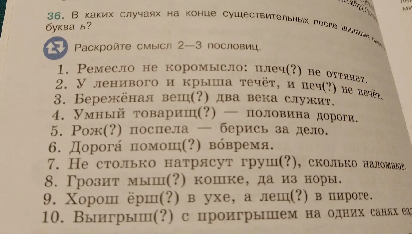 Объясни, в каких случаях на конце существительных после шипящих пишется буква ь в пословицах?