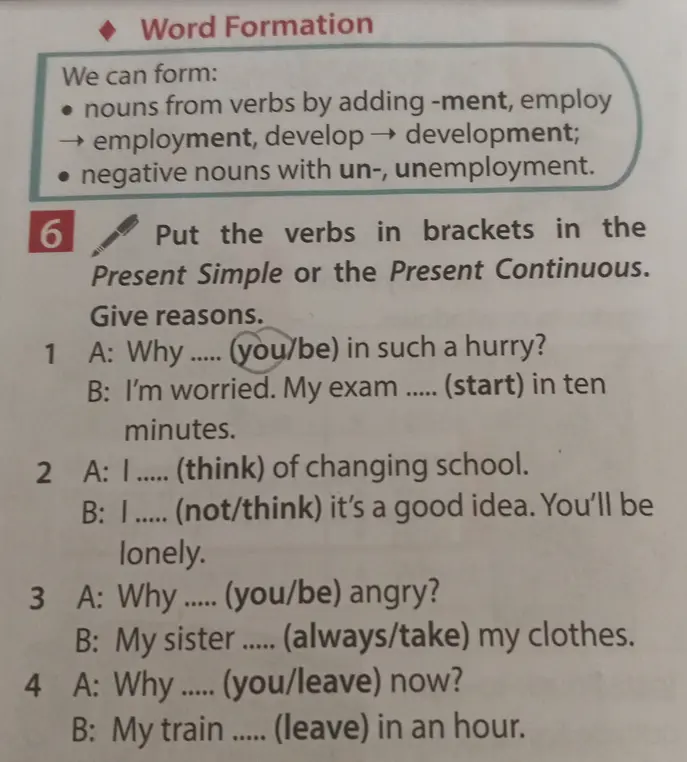 Ты просишь вставить глаголы в скобках в Present Simple или Present Continuous в предложении 'Why (you/be) in such a hurry?'