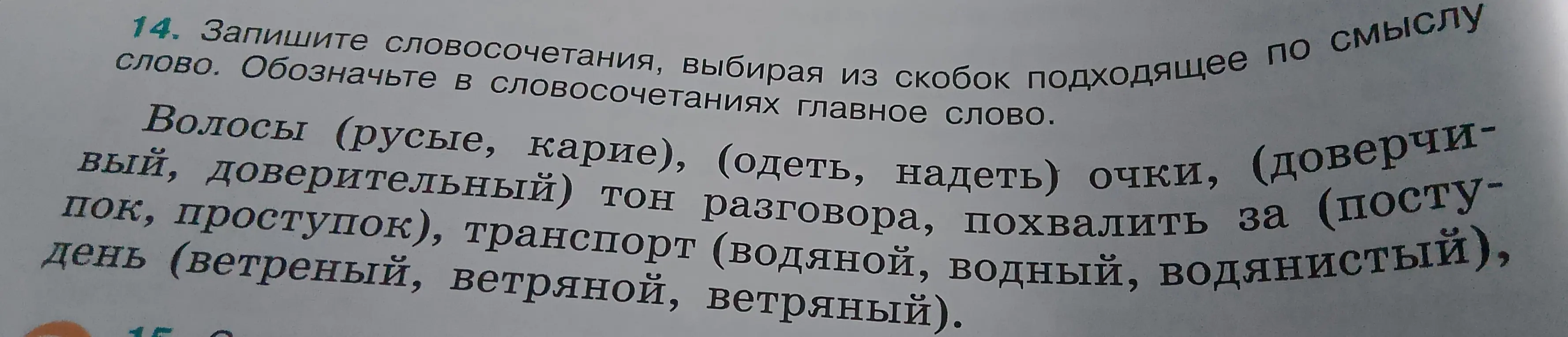 Напиши словосочетания, выбирая из скобок подходящее по смыслу. Обозначь в словосочетаниях главное слово