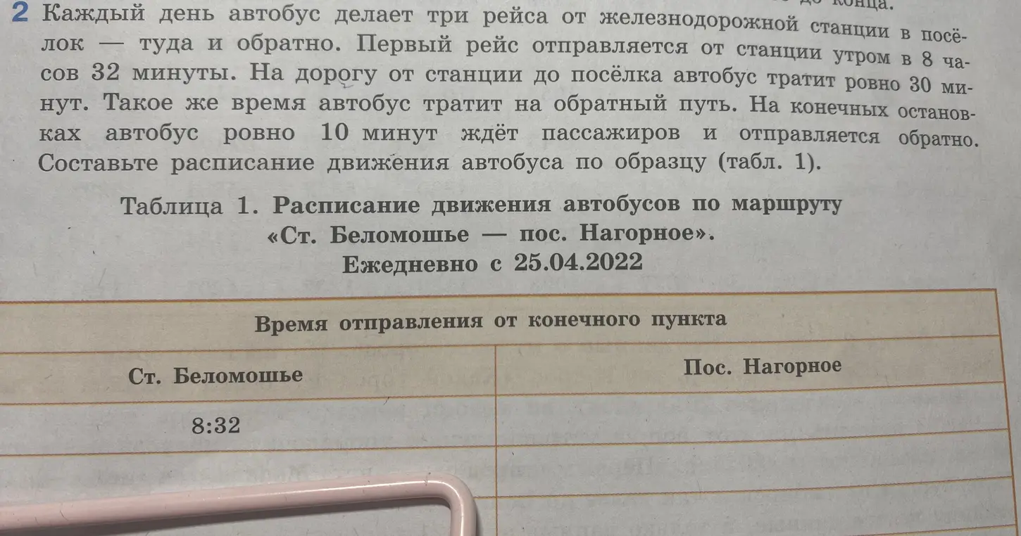 Составь расписание движения автобуса по образцу (табл. 1).