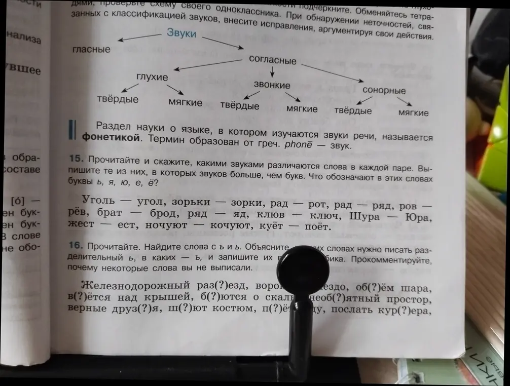 Объясни, какими звуками различаются слова в каждой паре в задании 15, и какие буквы обозначают Ь, Я, Ю, Е, Ё; в задании 16 найди слова с Ъ и Ь.