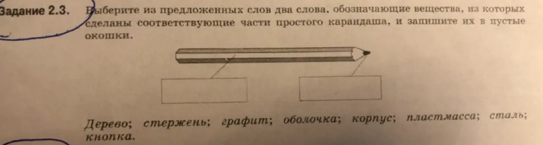 Помоги мне выбрать из предложенных слов два слова, обозначающие вещества, из которых сделаны соответствующие части простого карандаша
