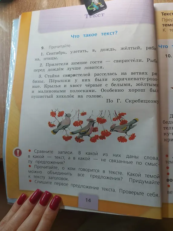 Ты просишь сравнить записи, определить тему текста и списать первое предложение текста.