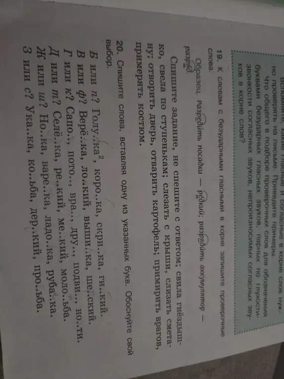 Запиши проверочные слова к словам с безударными гласными в корне и вставь пропущенные буквы
