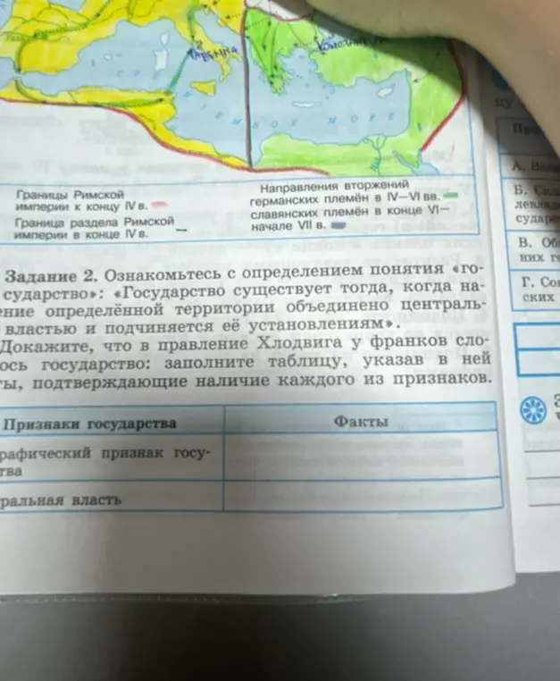 Можешь доказать, что в правление Хлодвига у франков сложилось государство: заполни таблицу, указав в ней факты, подтверждающие наличие каждого из признаков