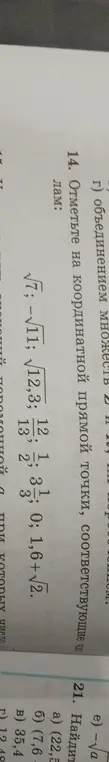Отметь на координатной прямой числа: √7, -√11, √12,3, 12/3, 1/2, 1/3, 0, 1,6+√2