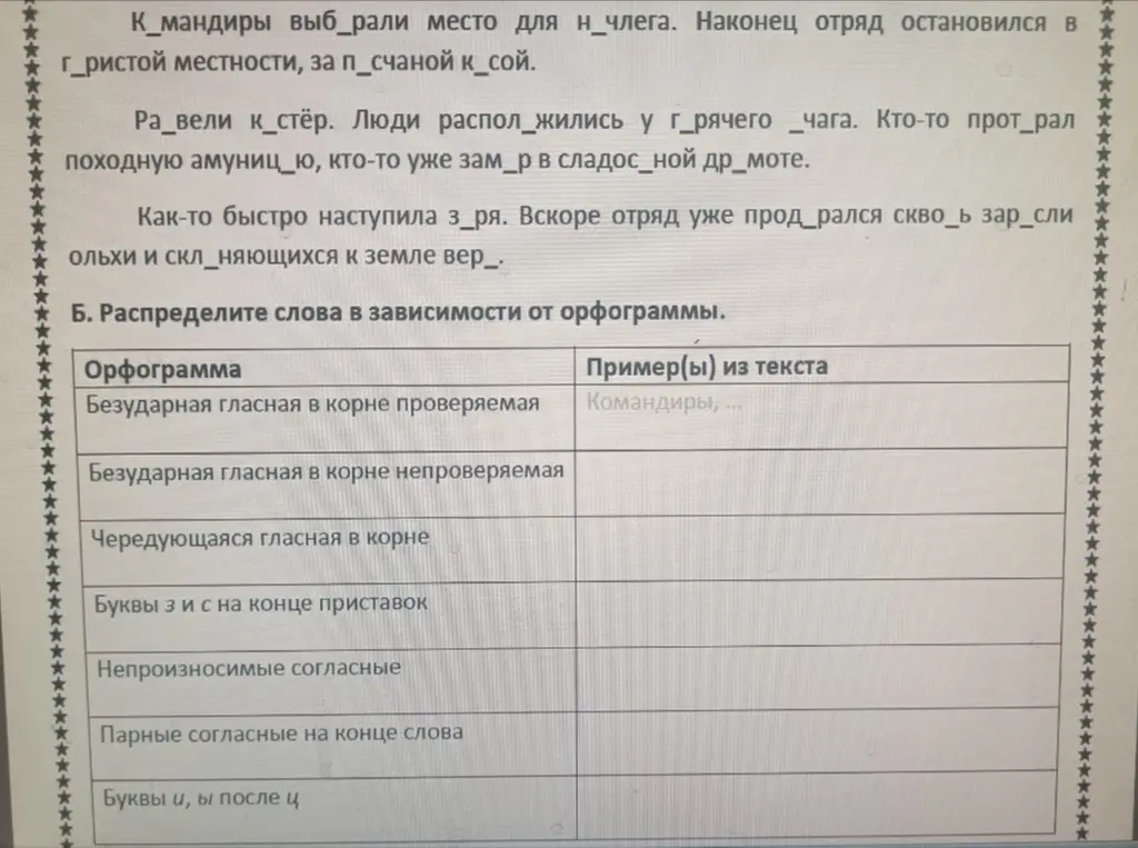 Распредели слова из текста в зависимости от орфограммы