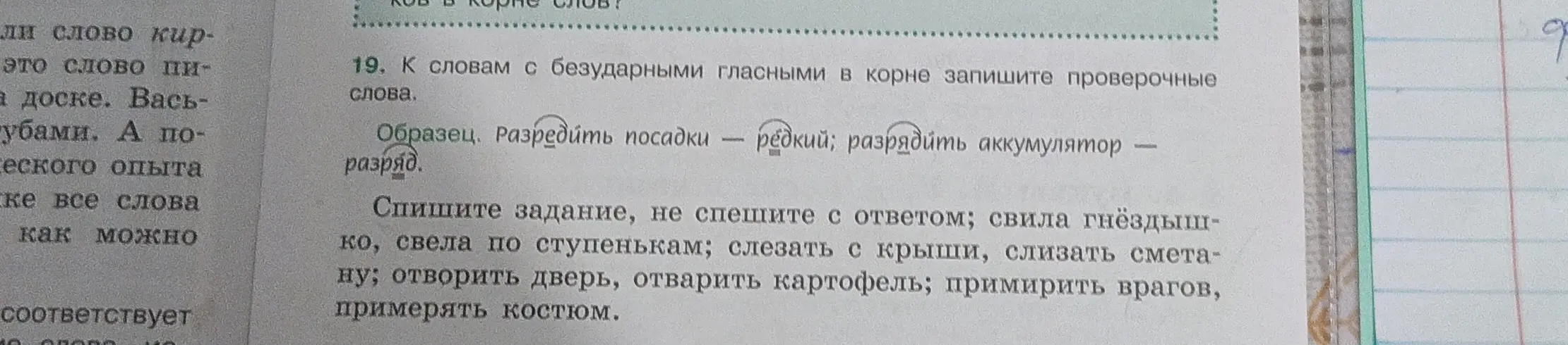 Ты просишь подобрать проверочные слова к словам с безударными гласными в корне из упражнения 19.