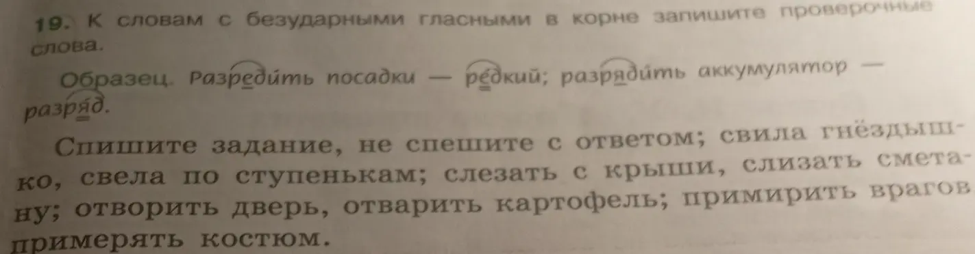 Предложи проверочные слова к словам с безударными гласными в корне в упражнении 19