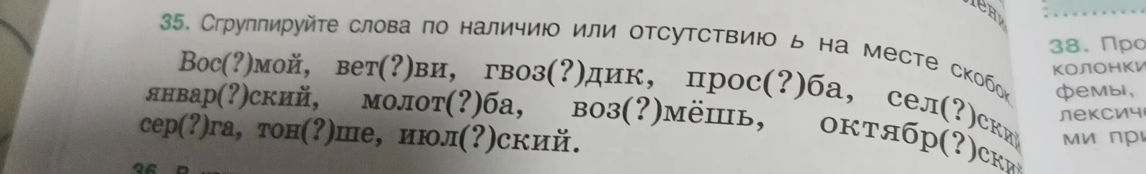 Сгруппируй слова по наличию или отсутствию ь на месте скобок.