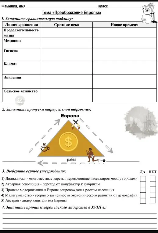 Можешь помочь мне заполнить сравнительную таблицу, выбрать верные утверждения и записать причины европейского лидерства?