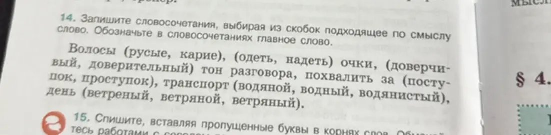 Выполни задание: Запиши словосочетания, выбирая из скобок подходящее по смыслу слово и обозначь в словосочетаниях главное слово